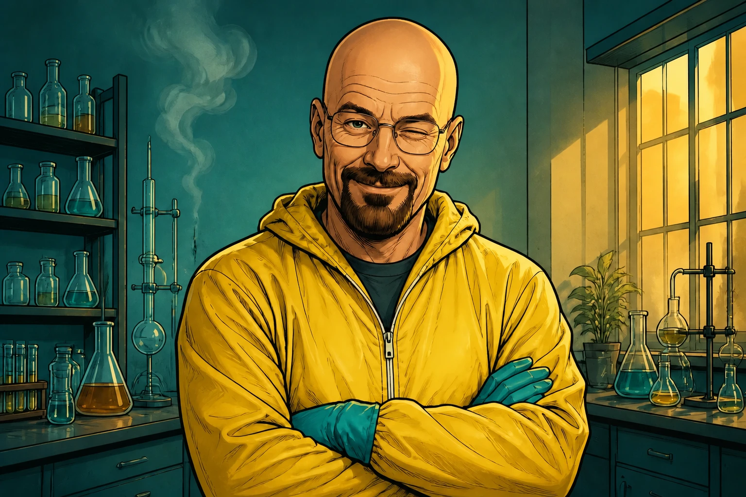 A winking Walter White in a stylized chemistry lab